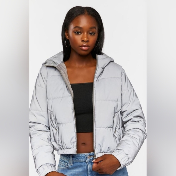 Forever 21 Women's Reflective Hooded Puffer Jacket Silver Size Small - Picture 1 of 12
